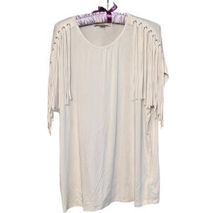 Michael Kors size XL white scoop short sleeve tee with Fringe detail